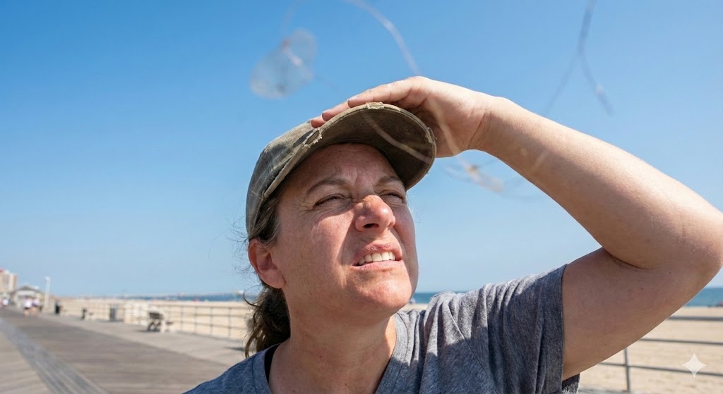 A middle-aged woman wearing a baseball cap shields her eyes and squints into the bright sun on a wooden beach boardwalk, with faint, translucent eye floaters visible against the blue sky.
