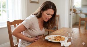 A woman with a pained expression clutches her stomach while sitting at a dining table with a plate of spaghetti, indicating indigestion or abdominal discomfort after a meal.