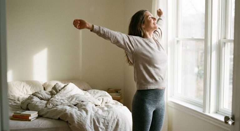 A woman in a bedroom with a joyful expression, stretching her arms out by a window in the morning sunlight, demonstrating flexibility and comfort after effective treatment for stiffness.