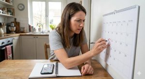 A worried woman with dark hair circles a date on a wall calendar while tracking her menstrual cycle on a phone app in a kitchen.