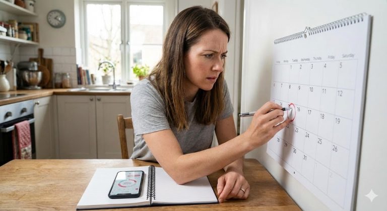 A worried woman with dark hair circles a date on a wall calendar while tracking her menstrual cycle on a phone app in a kitchen.
