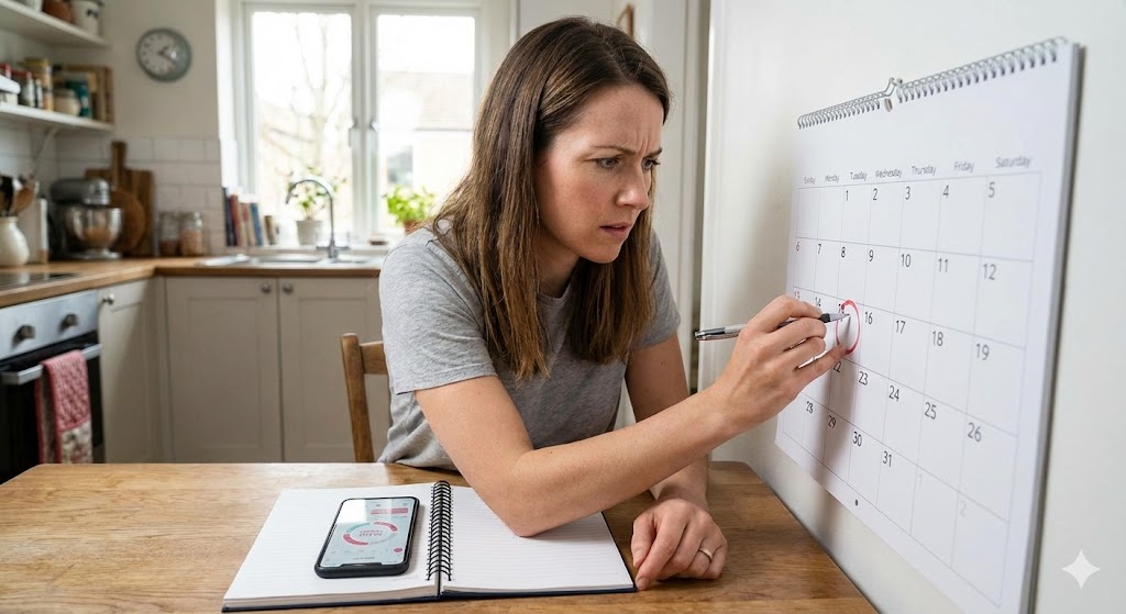 A worried woman with dark hair circles a date on a wall calendar while tracking her menstrual cycle on a phone app in a kitchen.
