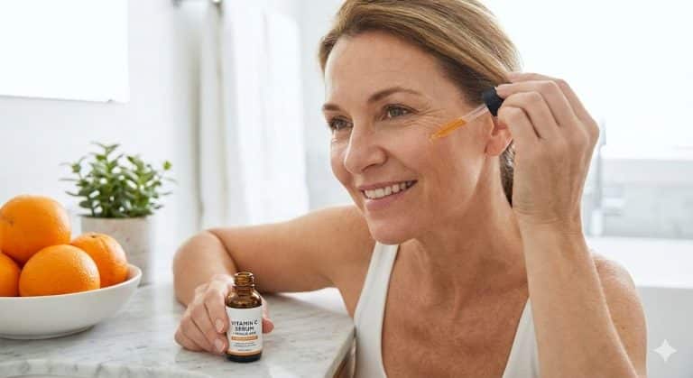 A close-up photo of a woman applying a dropper of Vitamin C serum to her face, with a bottle and oranges in the background.