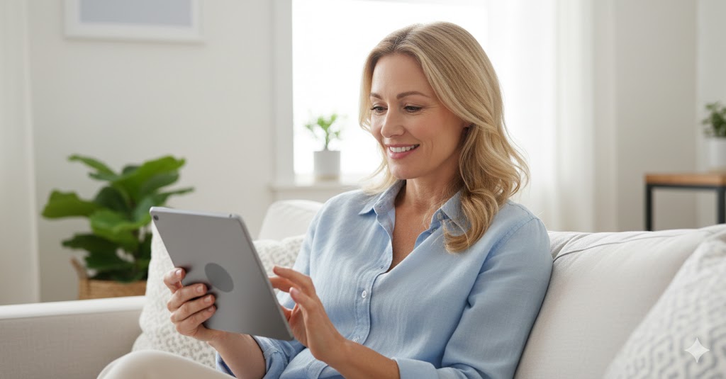 Woman sitting on a couch in a bright living room, smiling while using a tablet.