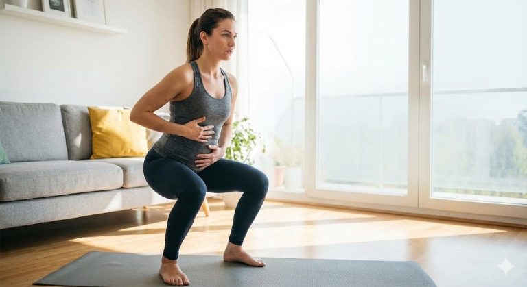 A pregnant woman in workout clothes performs a functional squat on a yoga mat in a living room, demonstrating a safe exercise to strengthen the pelvic floor during pregnancy without Kegels.