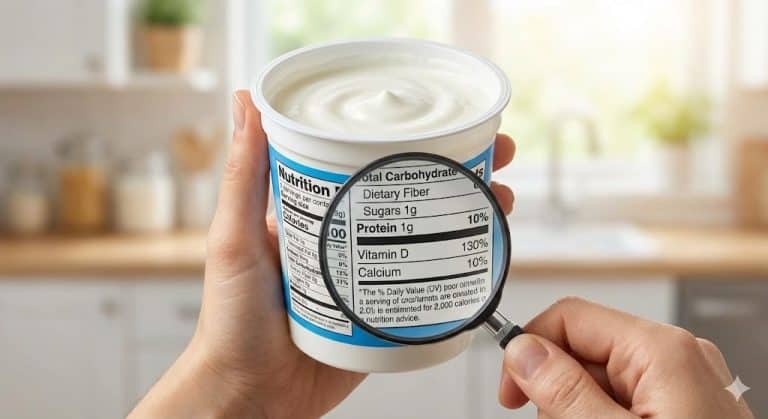 A close-up photo of a person holding a container of plain yogurt and a magnifying glass over the nutrition label, looking for Vitamin D.