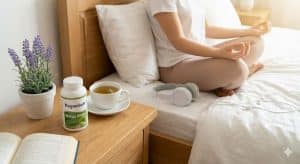 A peaceful bedside scene illustrating natural tinnitus relief remedies, showing a bottle of magnesium and ginkgo biloba supplements next to herbal tea and headphones, while a person meditates in the background.