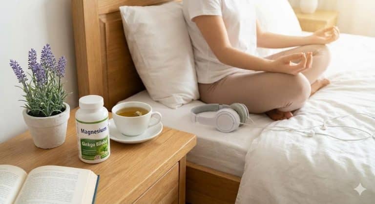 A peaceful bedside scene illustrating natural tinnitus relief remedies, showing a bottle of magnesium and ginkgo biloba supplements next to herbal tea and headphones, while a person meditates in the background.