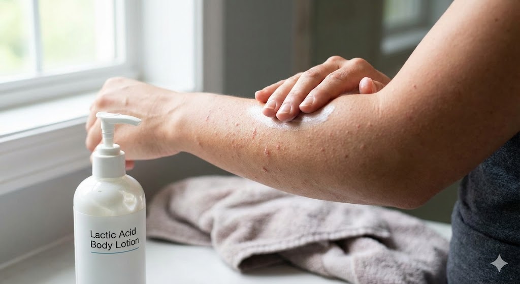 A person applying lactic acid body lotion to bumpy skin, known as keratosis pilaris, on their arm in a bathroom with natural light.