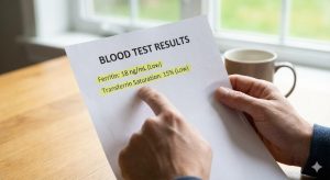 A close-up of a person's hands holding a blood test report with "Ferritin: 18 ng/mL (Low)" and "Transferrin Saturation: 15% (Low)" highlighted.