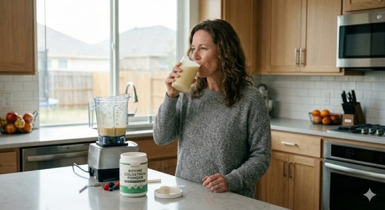 A woman drinks a colostrum powder smoothie near a blender in a kitchen.