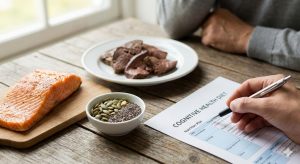 A person reviewing a cognitive health diet plan alongside brain foods like salmon, seeds, and liver on a wooden table.