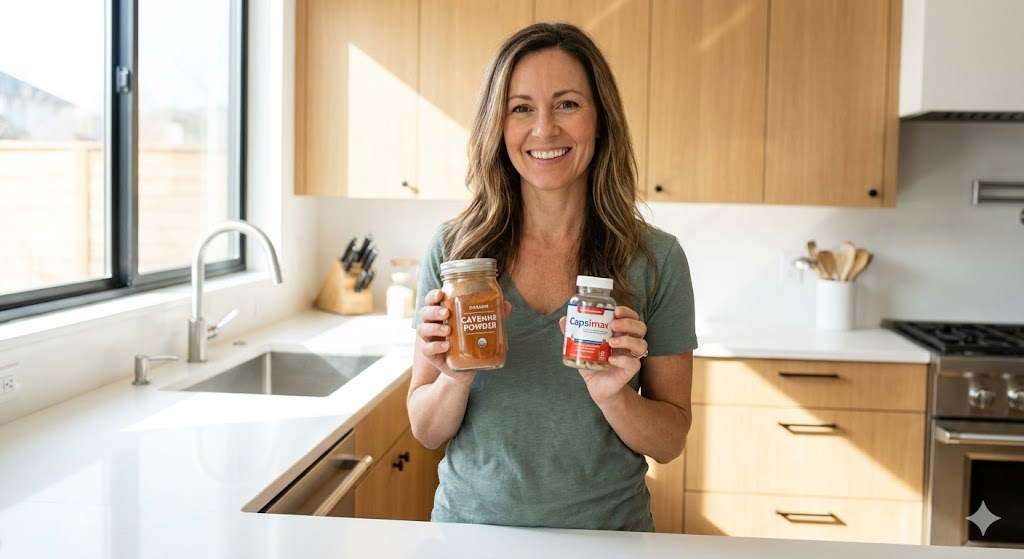 A smiling woman in a modern kitchen holds a jar of organic cayenne powder and a bottle of Capsimax supplements side-by-side for comparison.