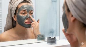 A person applying a gray clay face mask to their nose area in a bathroom mirror, focusing on pore cleansing.