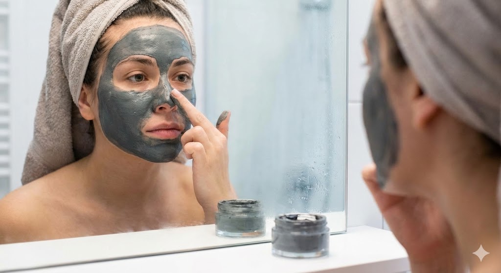 A person applying a gray clay face mask to their nose area in a bathroom mirror, focusing on pore cleansing.