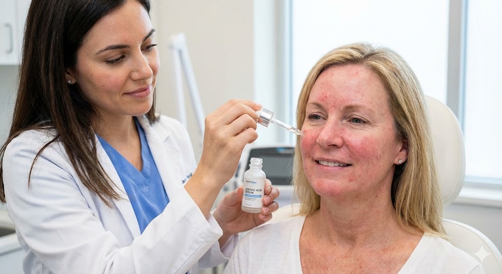 A dermatologist in a bright clinic applies azelaic acid serum from a dropper bottle to the face of a middle-aged woman with rosacea redness on her cheeks.