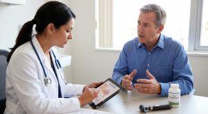 A doctor and patient discussing ear health and anatomy over a tablet chart, with a bottle of zinc supplements visible on the desk.