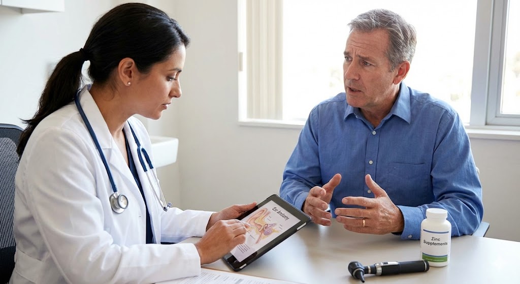 A doctor and patient discussing ear health and anatomy over a tablet chart, with a bottle of zinc supplements visible on the desk.