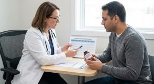 A female doctor points to a blood glucose monitoring chart while discussing diabetes management with a male patient holding a bottle of supplements.