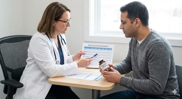 A female doctor points to a blood glucose monitoring chart while discussing diabetes management with a male patient holding a bottle of supplements.