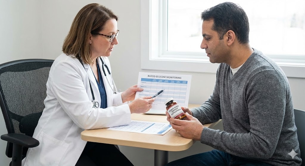 A female doctor points to a blood glucose monitoring chart while discussing diabetes management with a male patient holding a bottle of supplements.