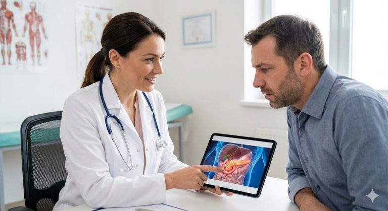 A doctor points to a pancreas diagram on a tablet during a patient consultation.