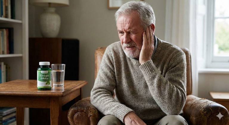 An elderly man holds his ear with a grimace, suggesting ear pain or tinnitus, with a bottle of Ginkgo Biloba supplements on a table beside him.
