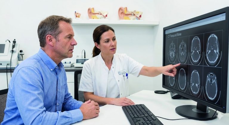 An ENT specialist points to temporal bone CT scans on a monitor, discussing results with a male patient in a clinic.