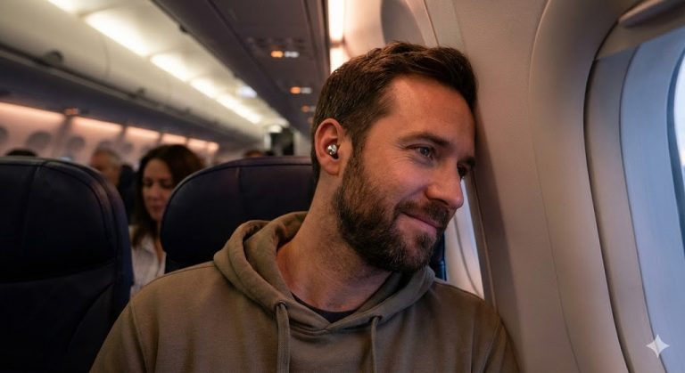 A man wearing Flare Audio earplugs rests comfortably in an airplane window seat during a flight.
