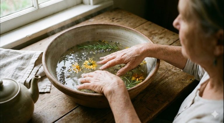 An elderly person soaking hands in a bowl of steamy herbal water with floating rosemary and flowers.