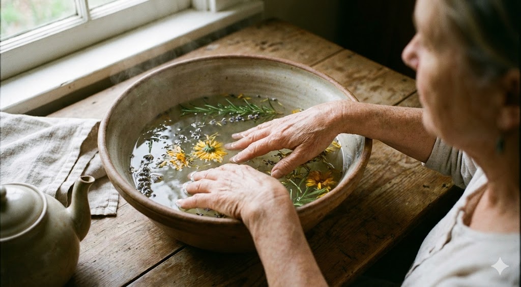 An elderly person soaking hands in a bowl of steamy herbal water with floating rosemary and flowers.