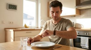 A man checking his watch while sitting at an empty plate, waiting for his intermittent fasting eating window to open.