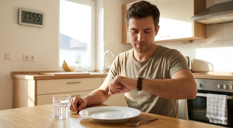 A man checking his watch while sitting at an empty plate, waiting for his intermittent fasting eating window to open.