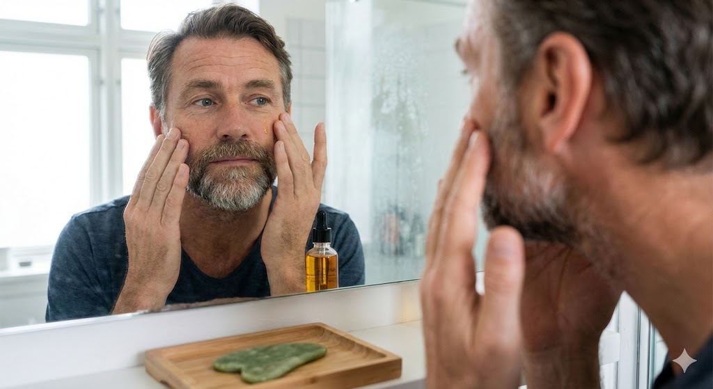 A middle-aged man with a beard applies face oil to his skin in front of a bathroom mirror.