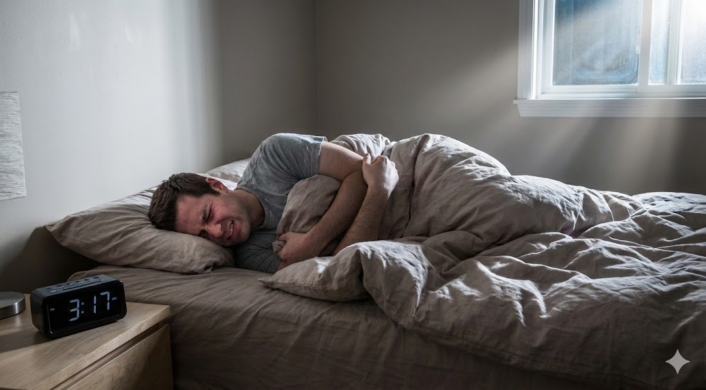 A man awake in bed at night, clutching his stomach in pain and experiencing insomnia.