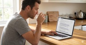 A man in a kitchen drinks water while looking at a laptop screen displaying search results for "Niacin side effects"