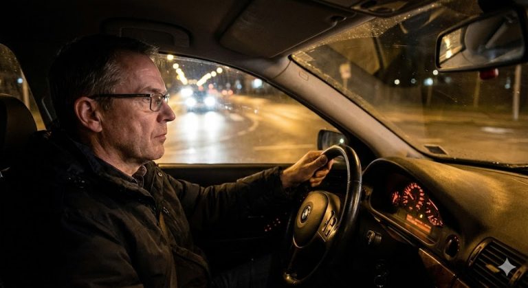 A middle-aged man with a focused expression wearing glasses while driving a car at night, illustrating clear night vision in low light.