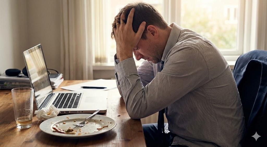 A man sitting at a desk with his head in his hands, looking exhausted, with an empty plate and a laptop in front of him.