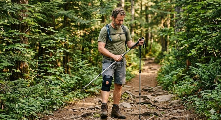 A man wearing a knee brace hikes on a wooded trail with trekking poles.