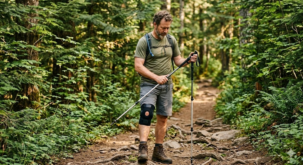A man wearing a knee brace hikes on a wooded trail with trekking poles.