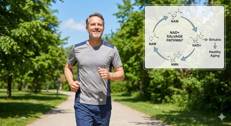 A middle-aged man jogging outdoors, alongside a diagram illustrating the NAD+ salvage pathway and its connection to sirtuins and healthy aging.