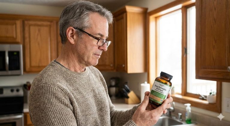 A senior man with glasses holding and reading the label of a Saw Palmetto Extract supplement bottle in a home kitchen.