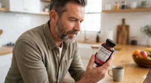 Middle-aged man reading the label of a supplement bottle in a kitchen.