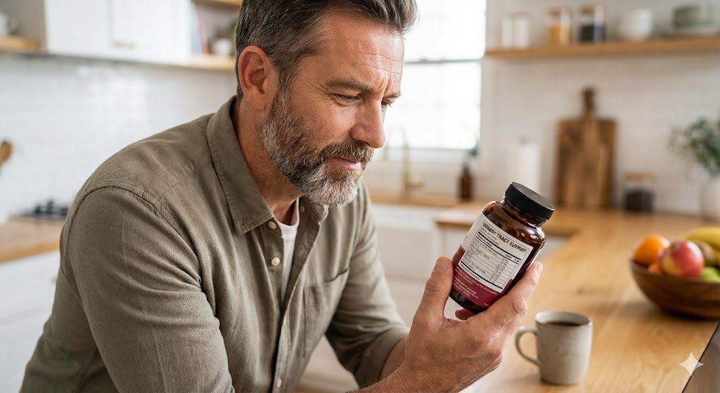 Middle-aged man reading the label of a supplement bottle in a kitchen.