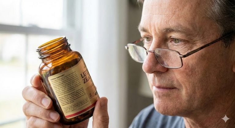 A middle-aged man wearing reading glasses examines the label of a "Vision Support" supplement bottle containing lutein and zeaxanthin.