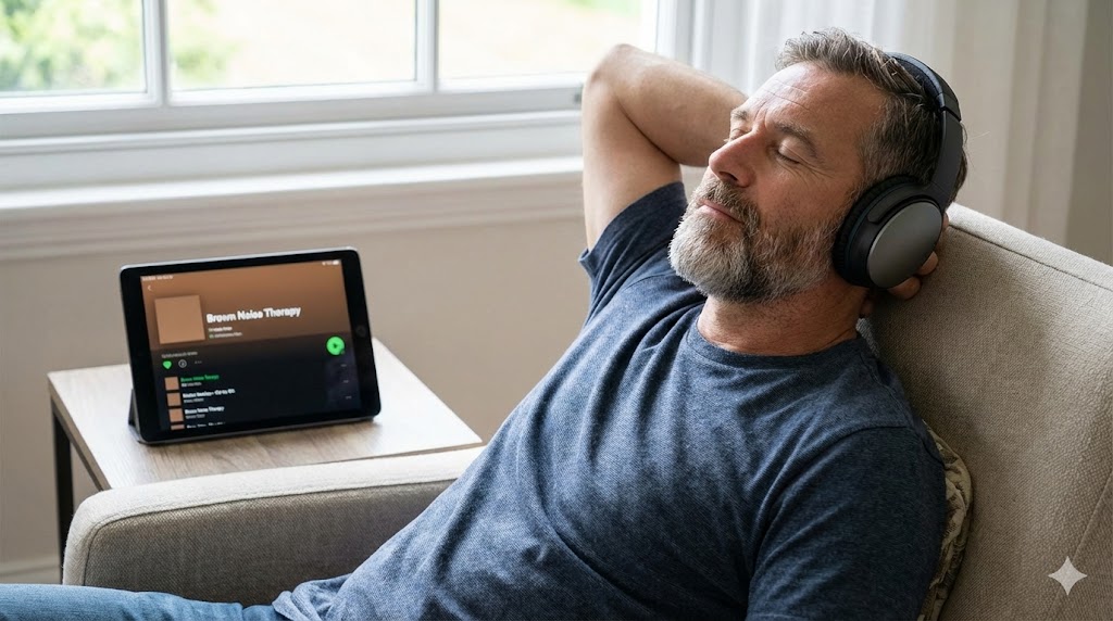 Middle-aged man relaxing in an armchair with headphones, listening to brown noise therapy displayed on a tablet beside him.