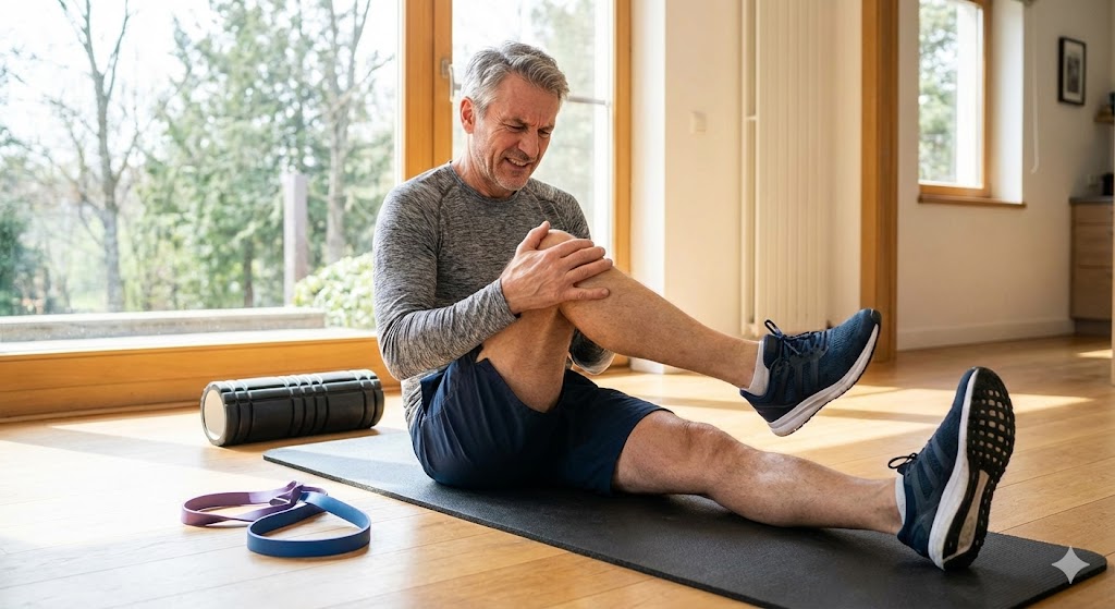 A middle-aged man experiencing knee pain while stretching on a yoga mat in a sunlit home gym.