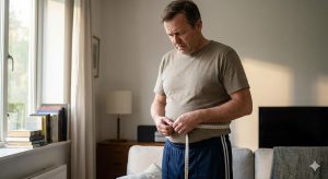 Concerned middle-aged man measuring his waist with a tape measure by a window at home.