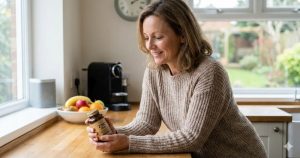 Middle-aged woman smiling and holding a bottle of zinc supplements at a kitchen counter.