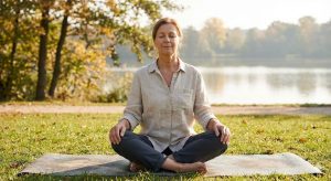 A middle-aged woman with a calm expression meditating outdoors by a lake in a park.